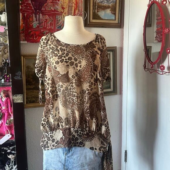 thx mesh leopard print brown beige short sleeve blouse - Picture 1 of 3